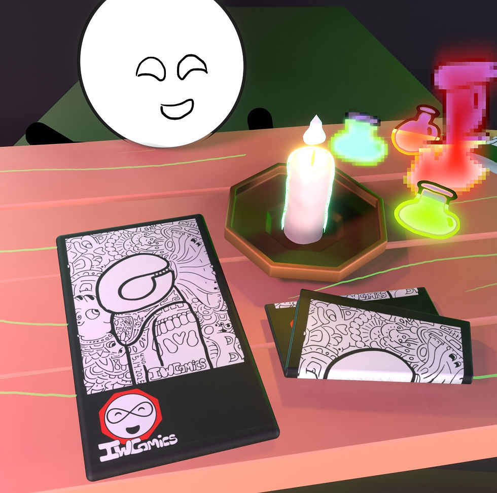 IW Comics cartoon character with artistic designer hand towel on wooden wizard table with candle and potion bottles, black an