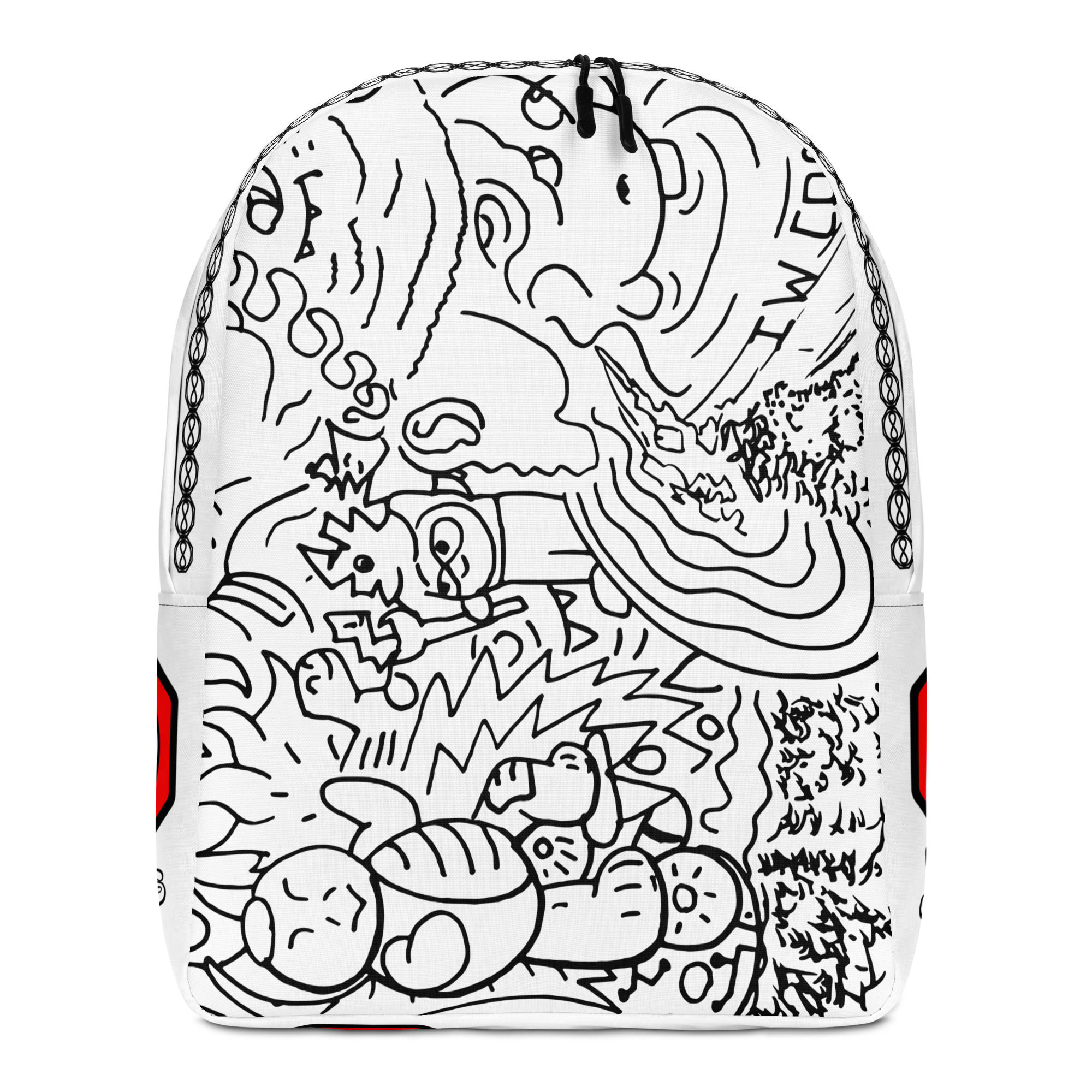 Front view of IW Comics water resistant cartoon backpack with black and white design, designer backpack for school and travel