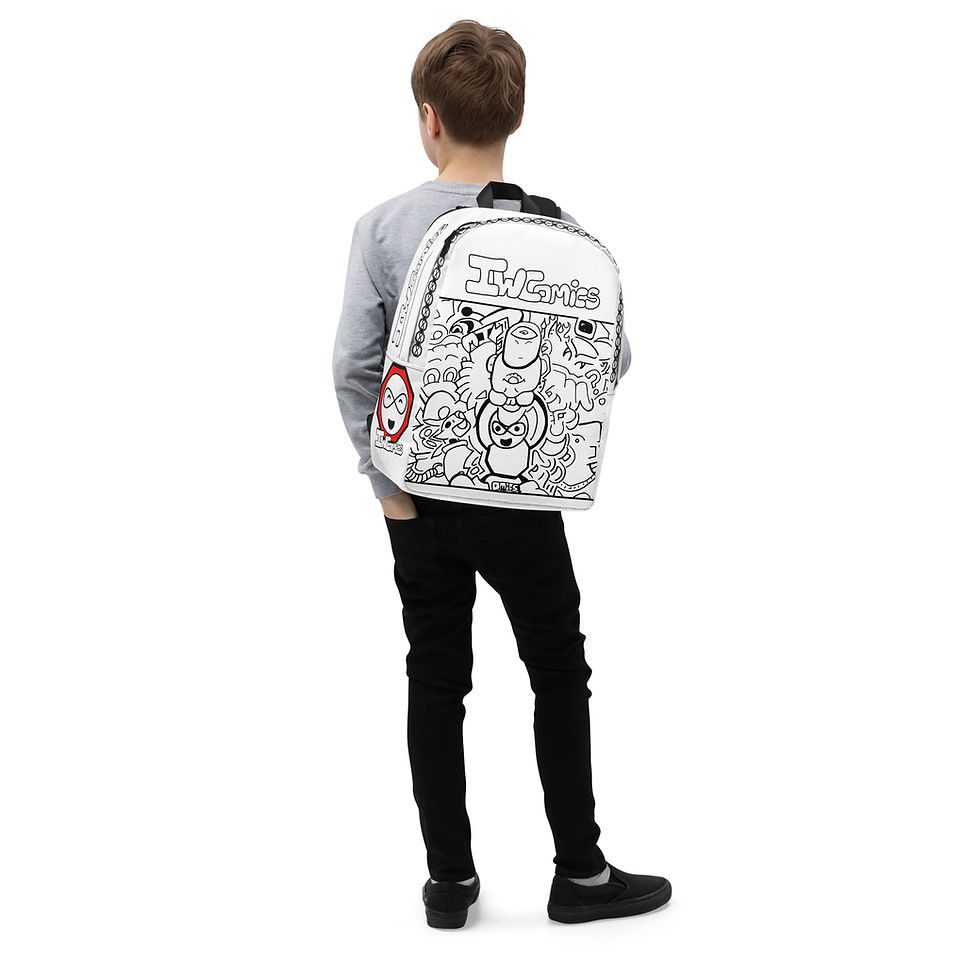 Thumbnail: Kid wearing IW Comics cartoon backpack for school with black and white design, water resistant kids backpack