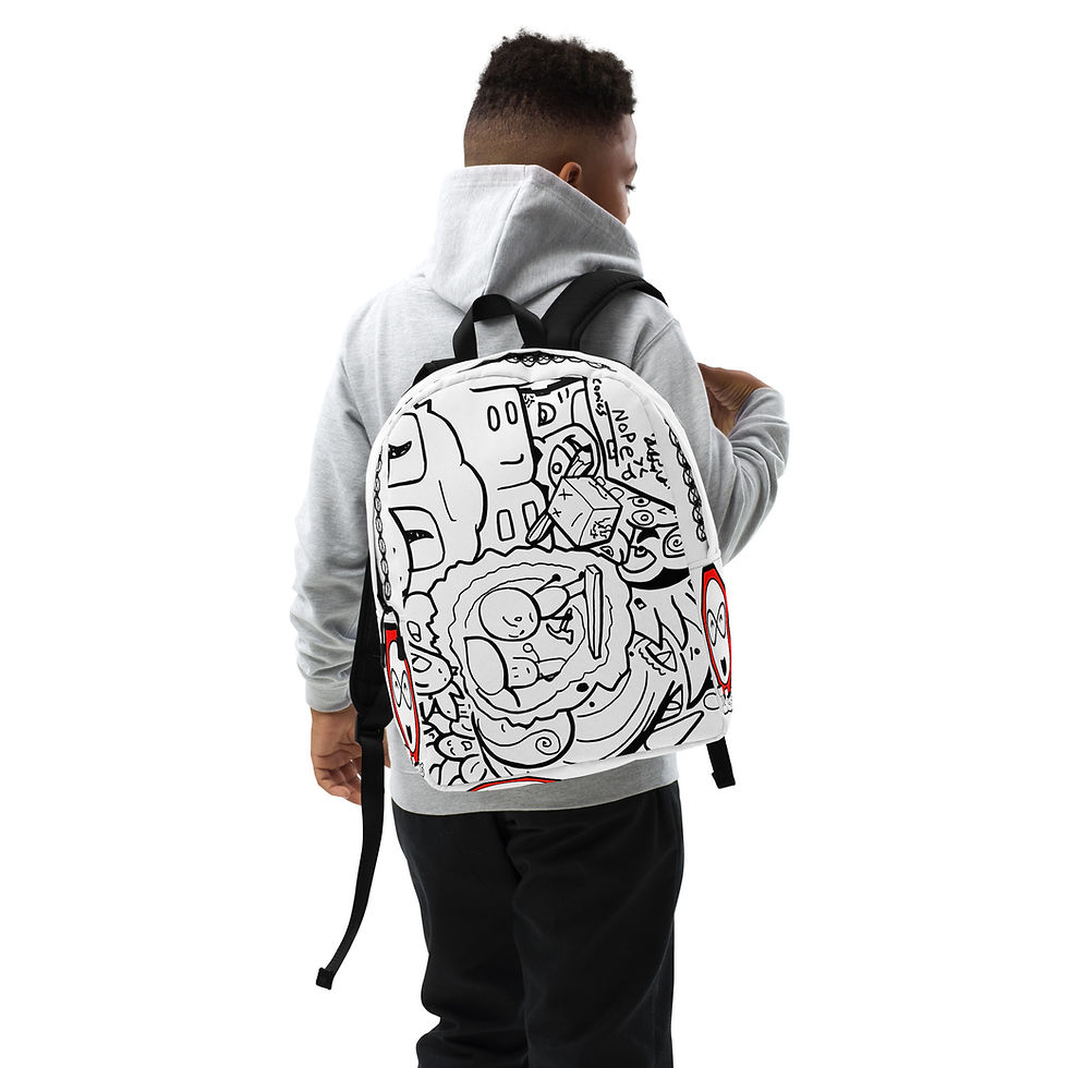 Thumbnail: Toddler with cute IW Comics cartoon backpack in black and white design, small kids backpack for school