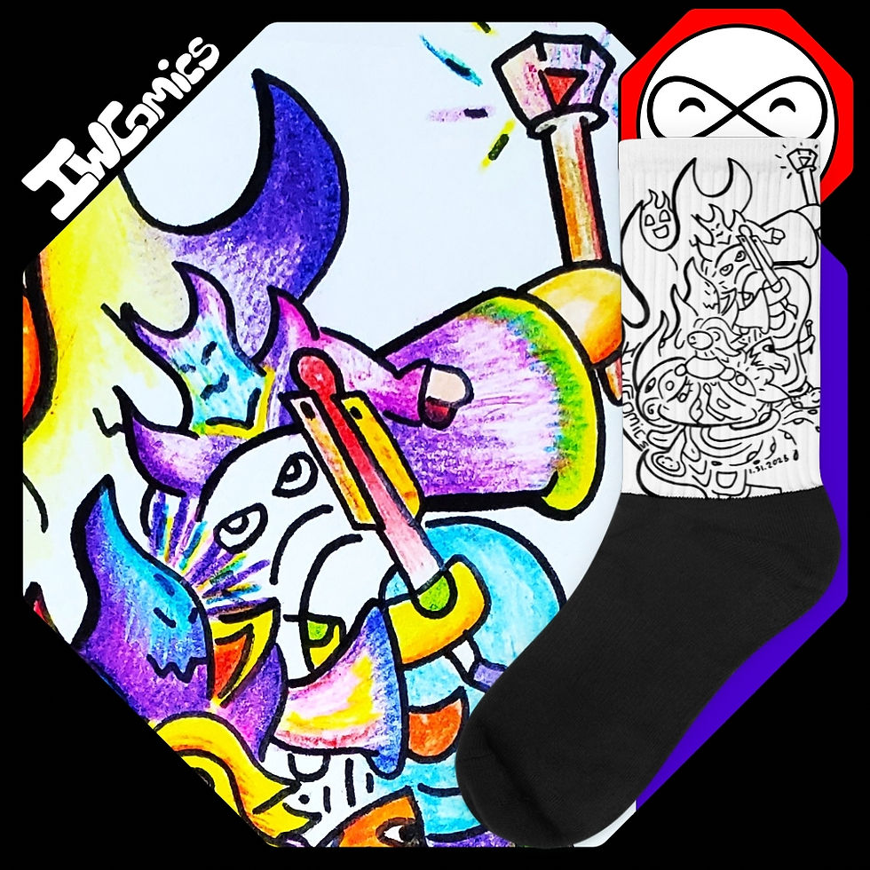 Thumbnail: Close-up of Wizard Fire socks, showing wizards within wizards and a grumpy sad face.