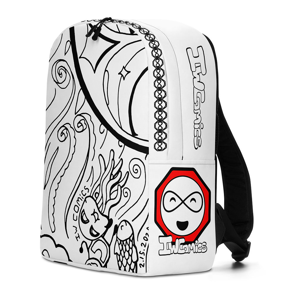 Thumbnail: Side view of IW Comics travel backpack with black and white design, water resistant cartoon backpack