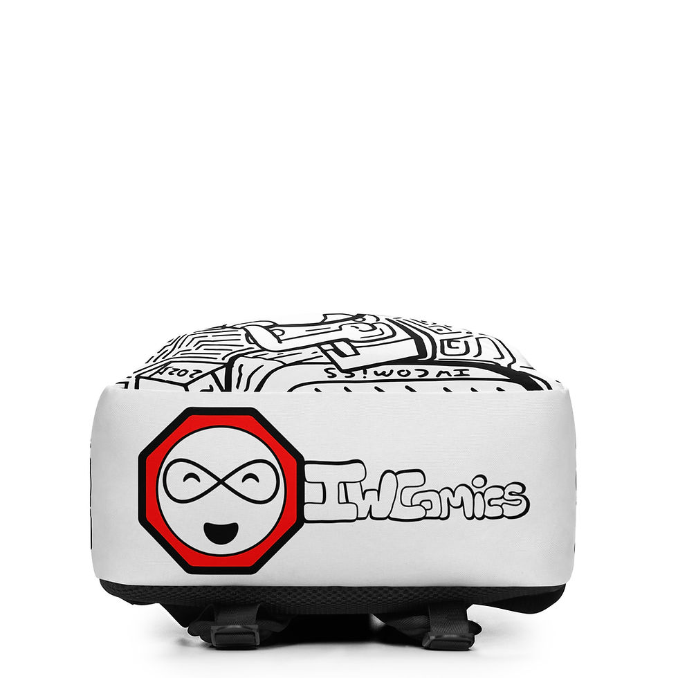 Thumbnail: Bottom view of IW Comics designer cartoon backpack with black and white design, durable water resistant base