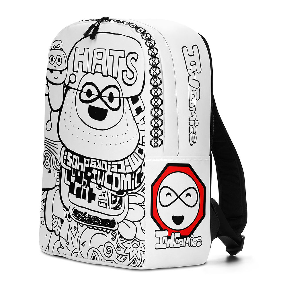 Thumbnail: Side view of IW Comics travel backpack with black and white design, water resistant cartoon backpack