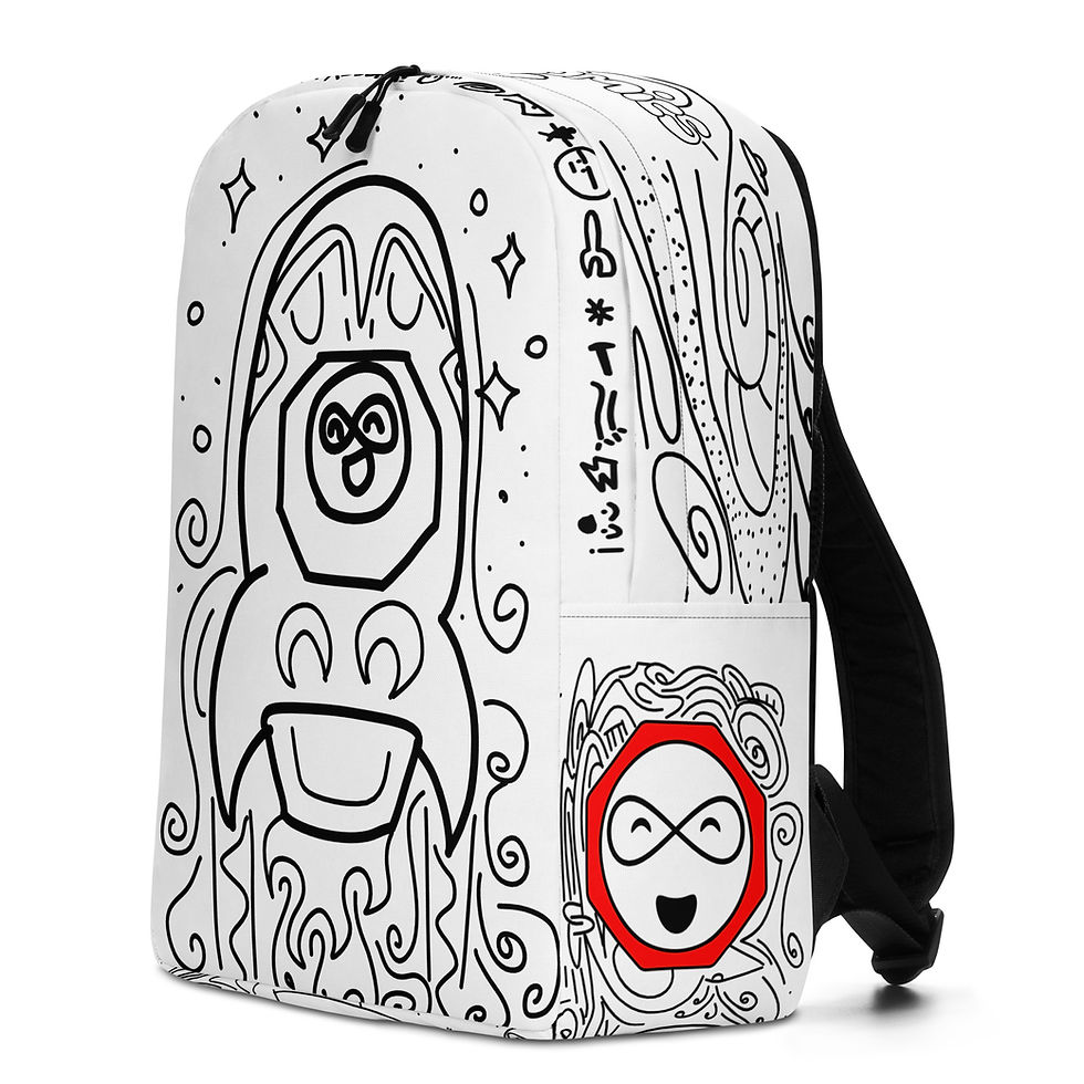 Thumbnail: Side view of IW Comics travel backpack with black and white design, water resistant cartoon backpack