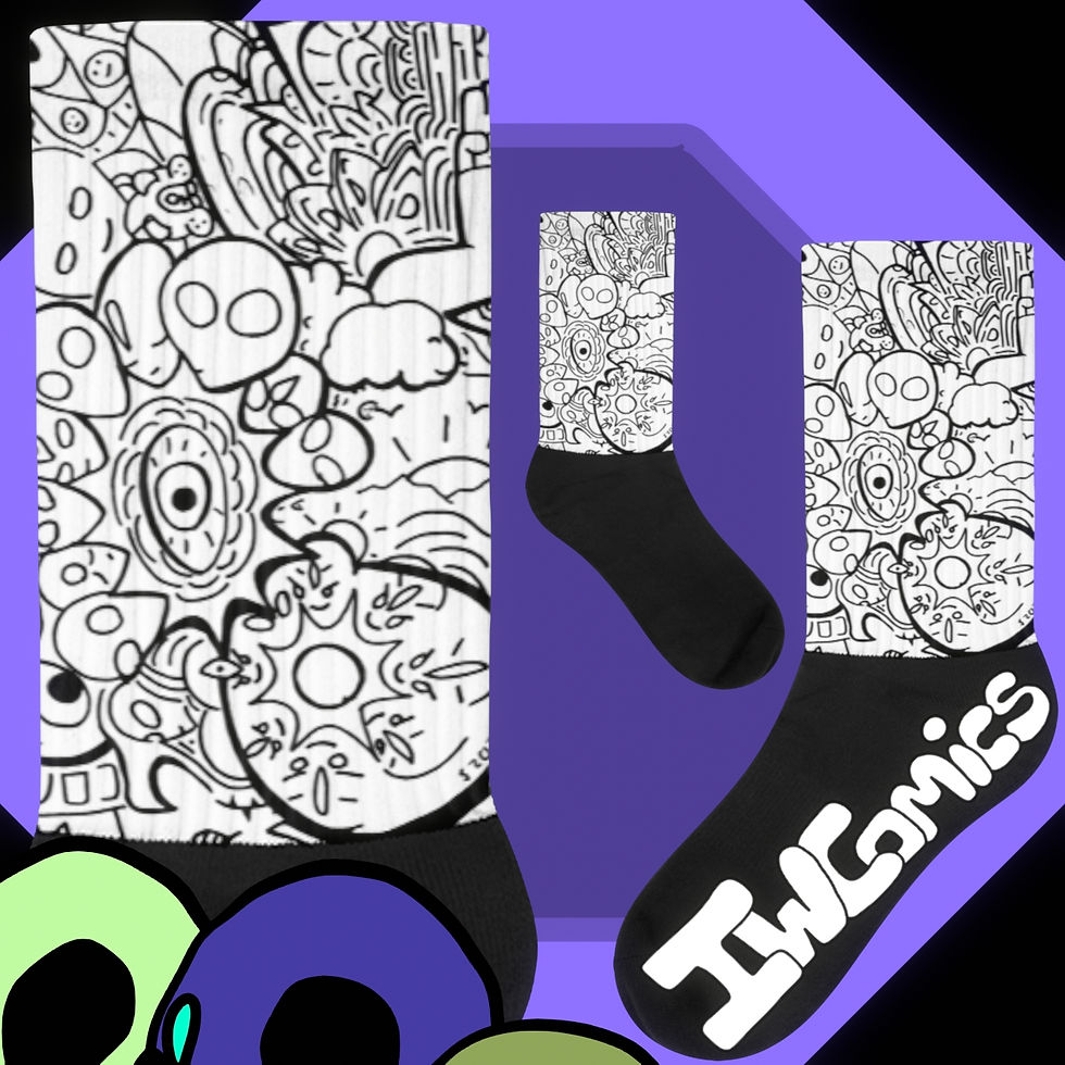 Close-up of space-themed socks featuring ETs, aliens, and an eye creating a cosmic explosion.