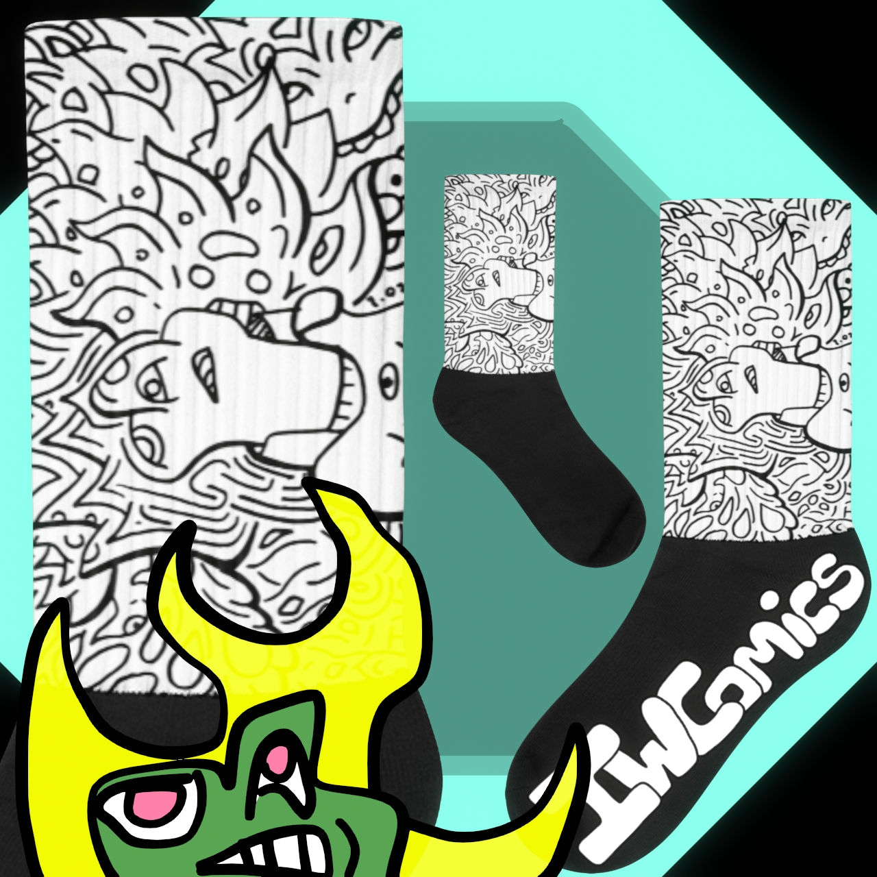 Jealous Fire cartoon crew socks with black base and black-and-white doodle design by IW Comics.