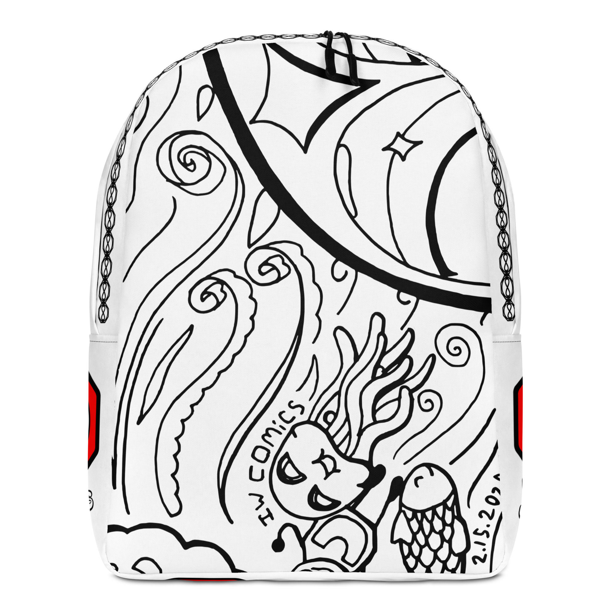 Front view of IW Comics water resistant cartoon backpack with black and white design, designer backpack for school and travel