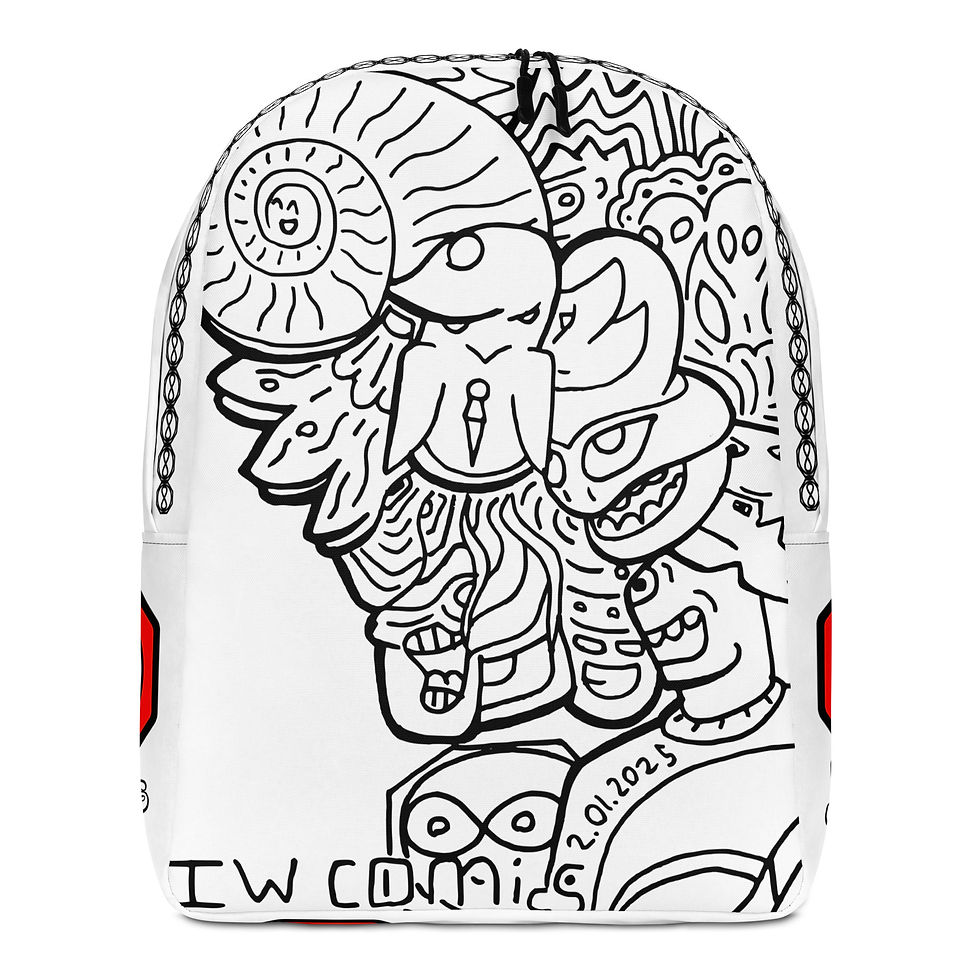 Front view of IW Comics water resistant cartoon backpack with black and white design, designer backpack for school and travel