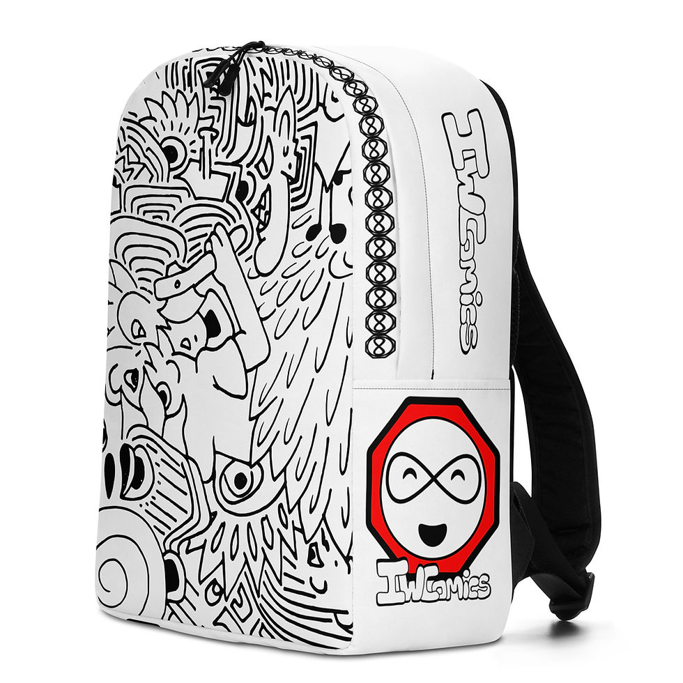 Thumbnail: Side view of IW Comics travel backpack with black and white design, water resistant cartoon backpack