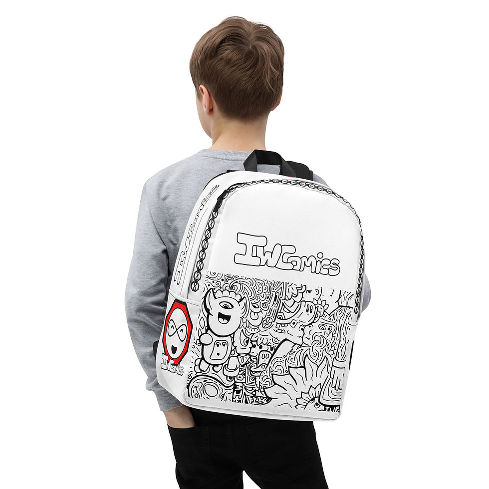 Thumbnail: Kid wearing IW Comics cartoon backpack for school with black and white design, water resistant kids backpack