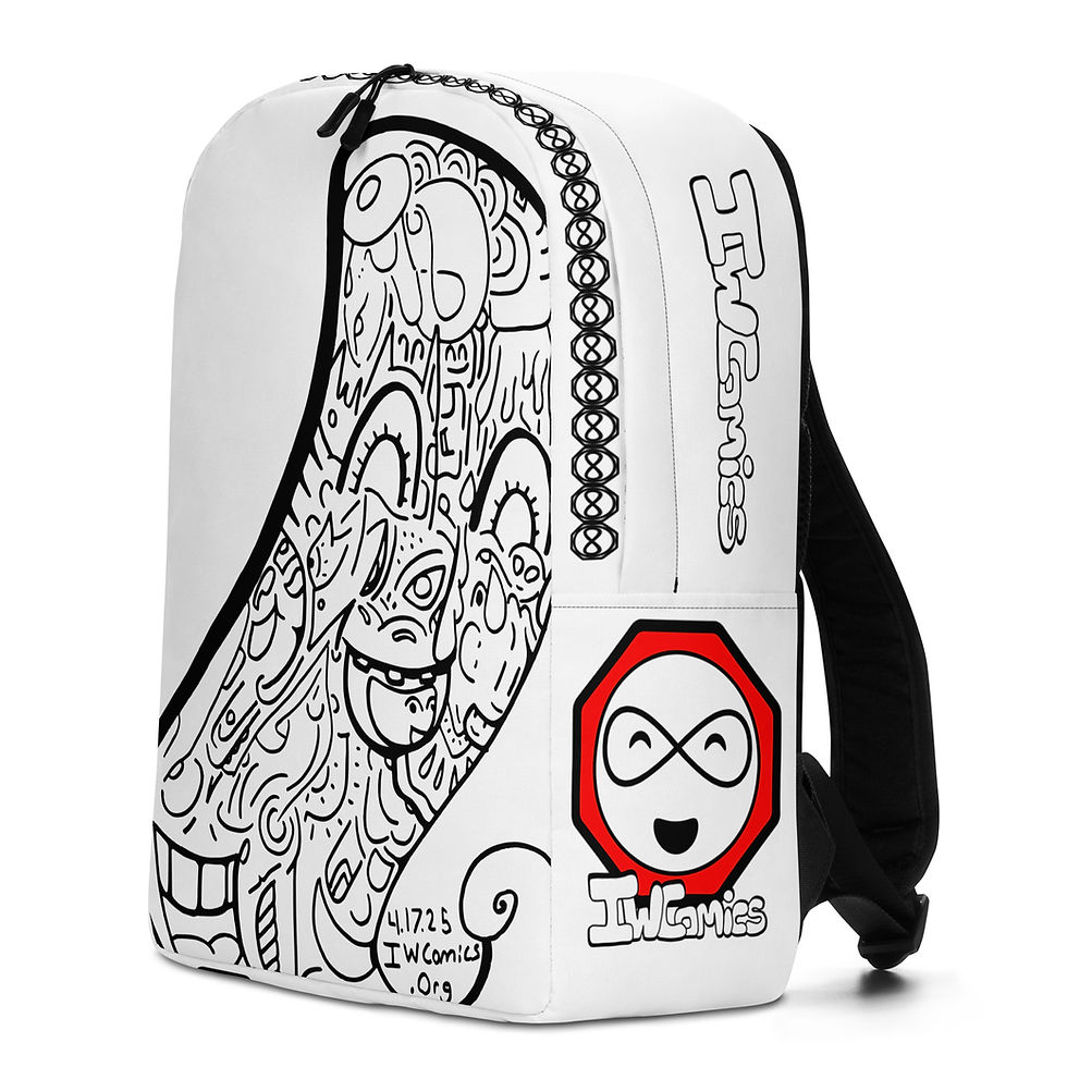 Thumbnail: Side view of IW Comics travel backpack with black and white design, water resistant cartoon backpack