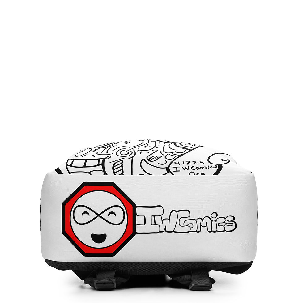 Thumbnail: Bottom view of IW Comics designer cartoon backpack with black and white design, durable water resistant base