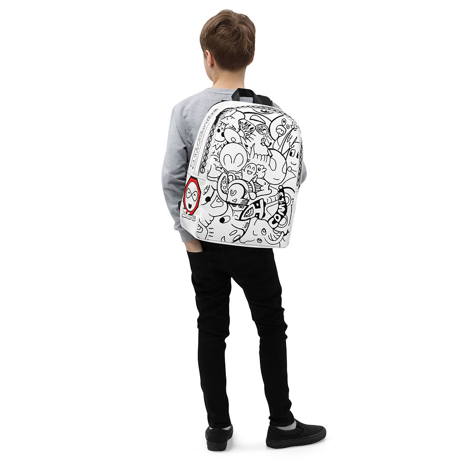 Thumbnail: Toddler with cute IW Comics cartoon backpack in black and white design, small kids backpack for school