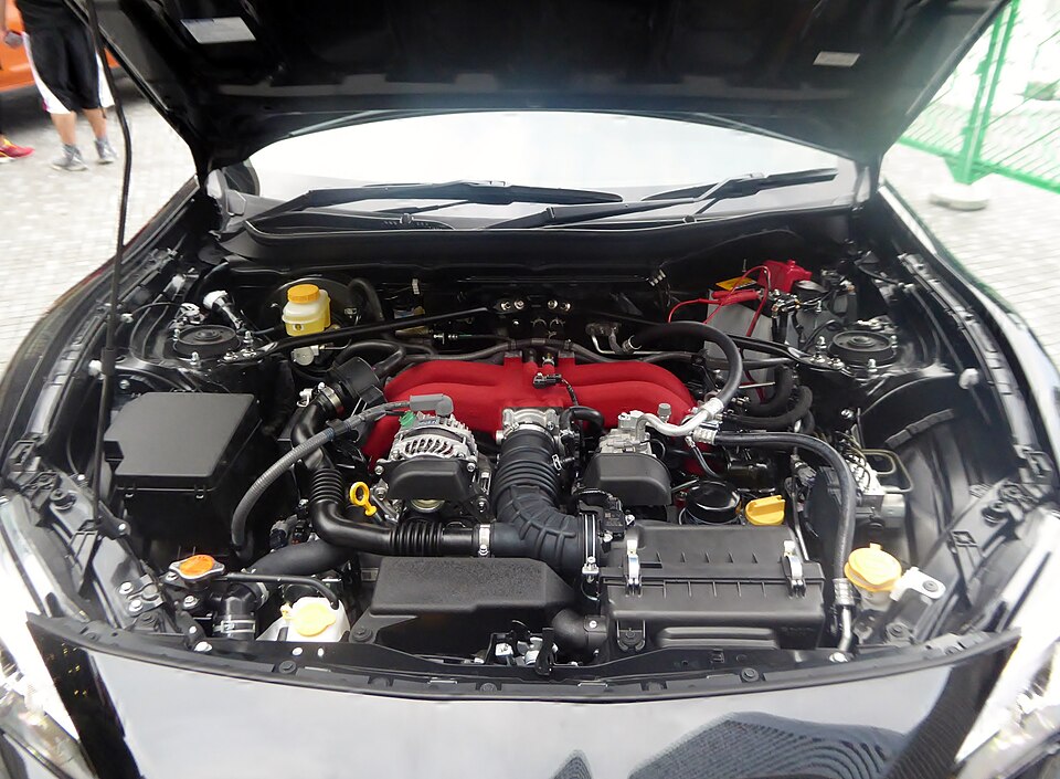 Real naturally aspirated FA20 boxer engine installed in a first-generation Subaru BRZ S, photographed in 2016