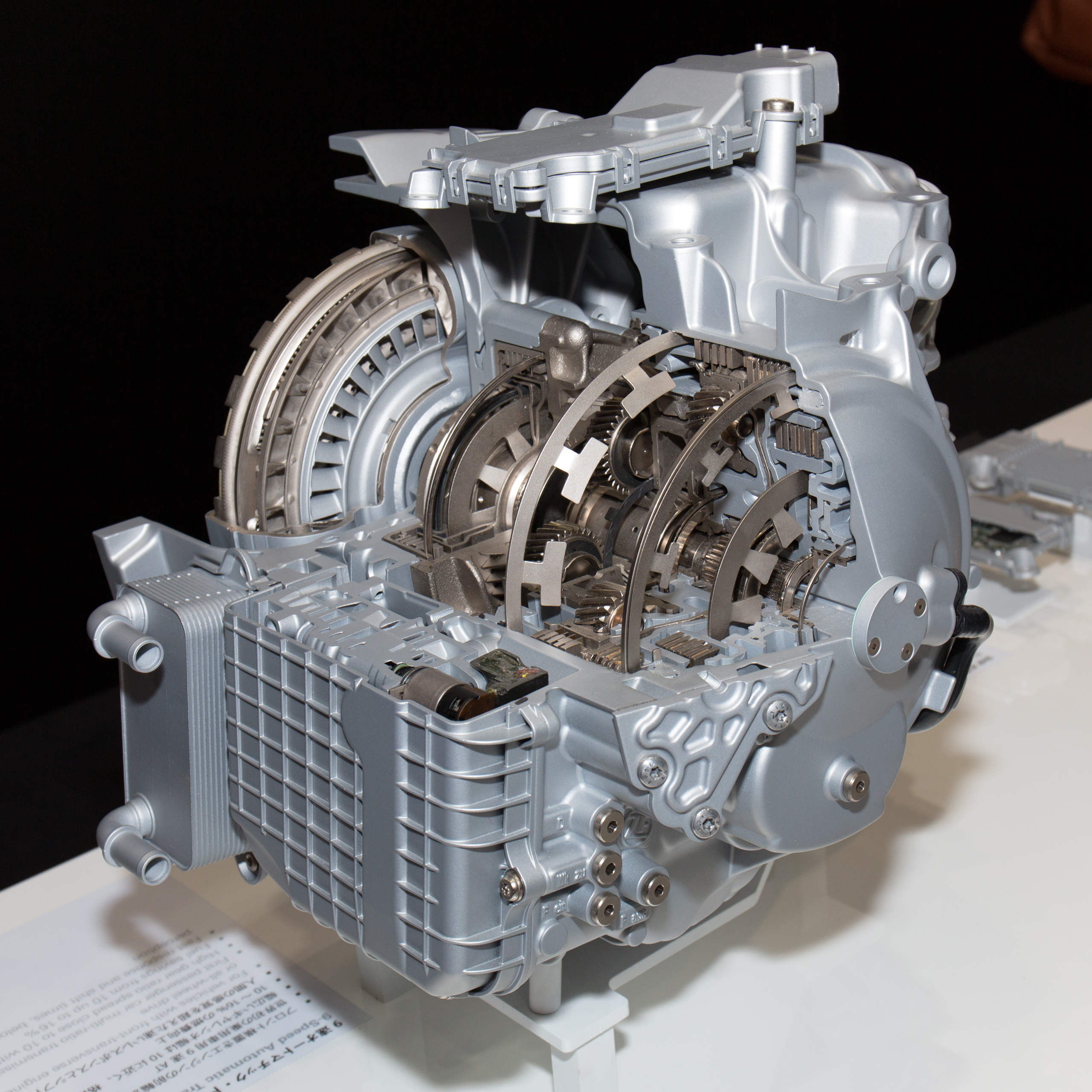 ZF nine-speed automatic transmission assembly photographed on display