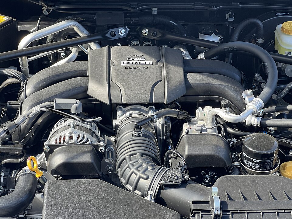 Actual FA24D 2.4-liter boxer engine bay photographed in a Toyota GR86, a close Subaru BRZ platform relative
