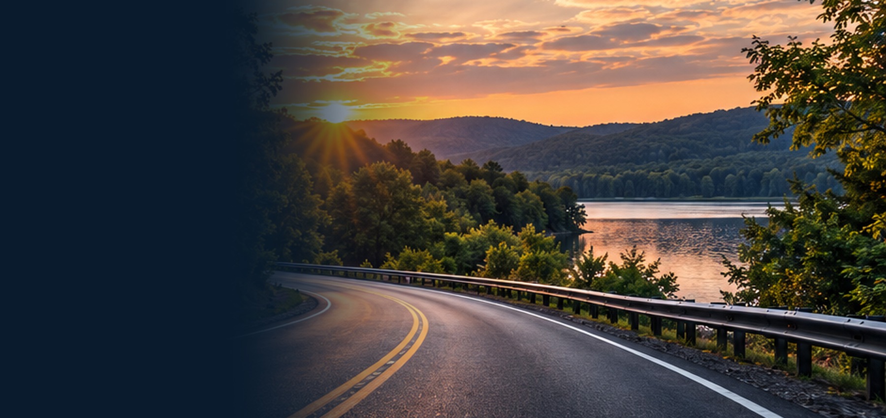 Illustrative sunset road curving beside a lake