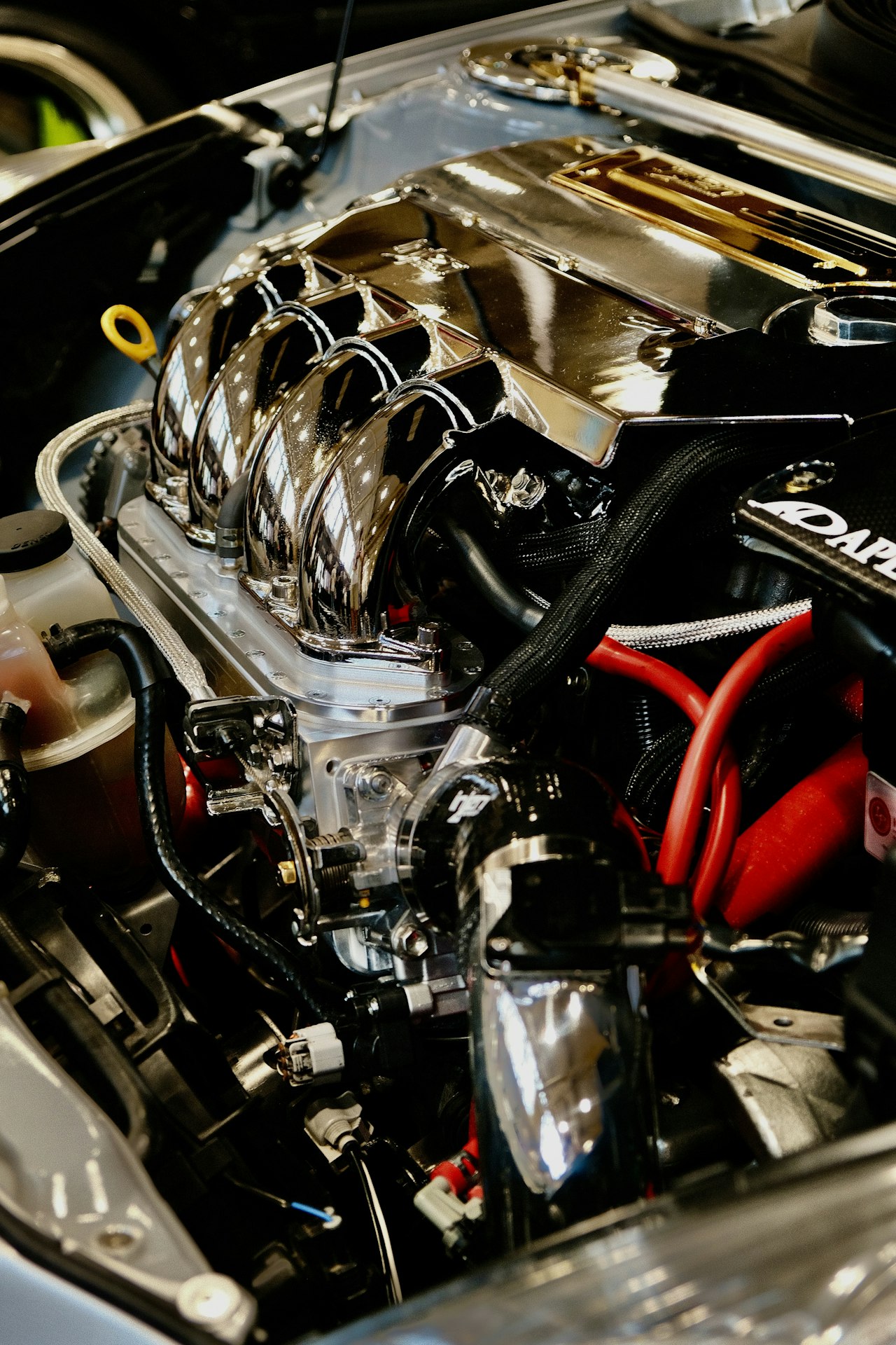 Stock close-up photograph of an automobile engine