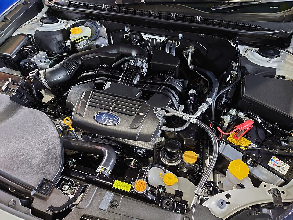 Actual 2021 Subaru Outback FB25D 2.5-liter horizontally opposed four-cylinder engine bay, representative of the FB engine family