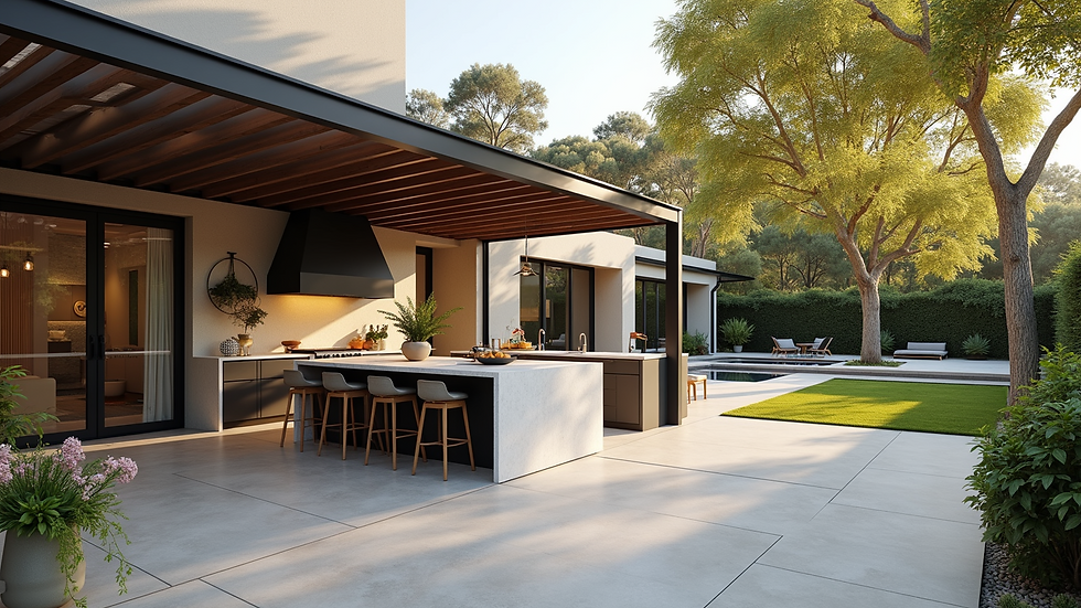 Wide angle view of a spacious outdoor kitchen with seating and pergola in a backyard