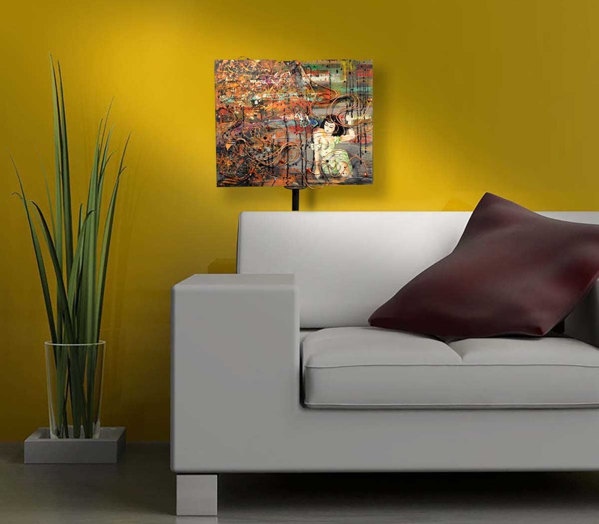 pulp noir lady killer artwork behind couch