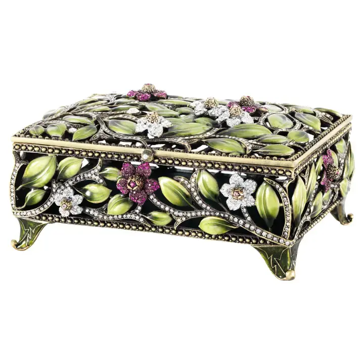 Jeweled Jewelry Box with floral design and green leaves, exquisite Blumen.
