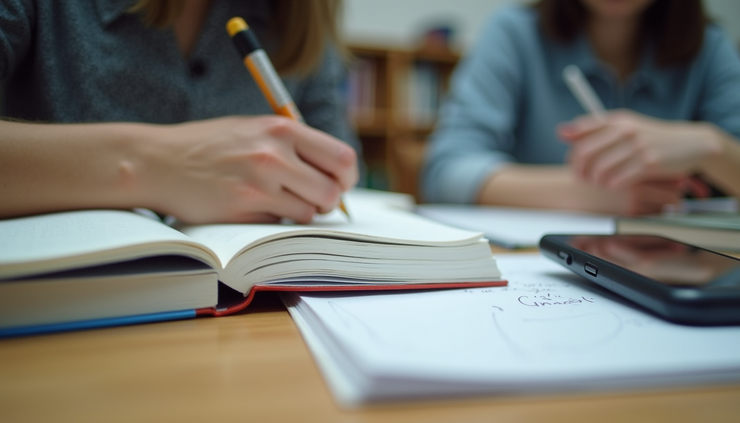 Eye-level view of a teenager’s cluttered study desk with textbooks and a smartphone