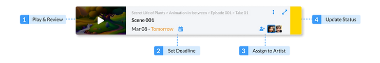 TESSR Scene Tile; Play & Review Scene, Set Scene Deadline, Assign Scene to Artist, Update Scene Status