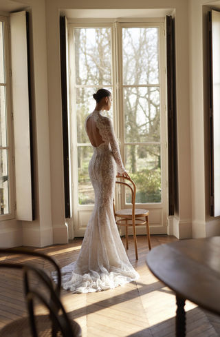 lace ball gown wedding dress with train Basque Waist Lace Mermaid Wedding Dress – Lotus Threads Bridal main image 1