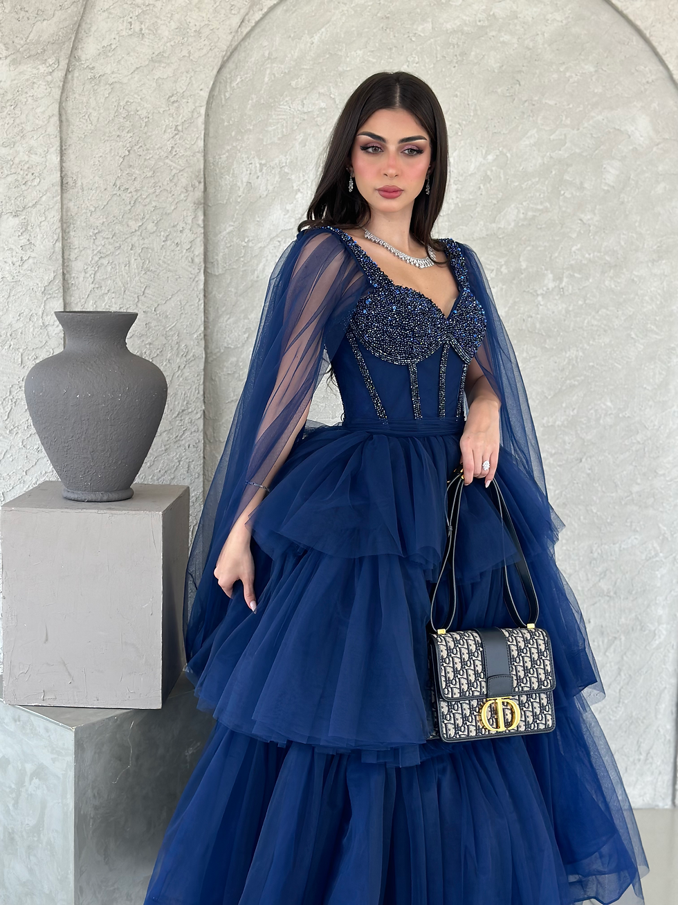 Thumbnail: Navy blue ankle length caped dress فستان كحلي مع كيب