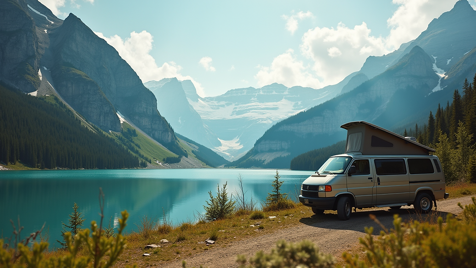 Eye-level view of camper van parked near a mountain lake