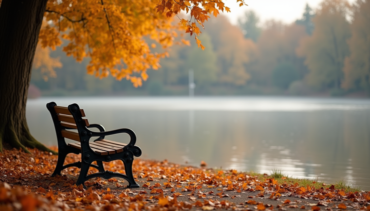 Eye-level view of a quiet lakeside bench surrounded by autumn leaves