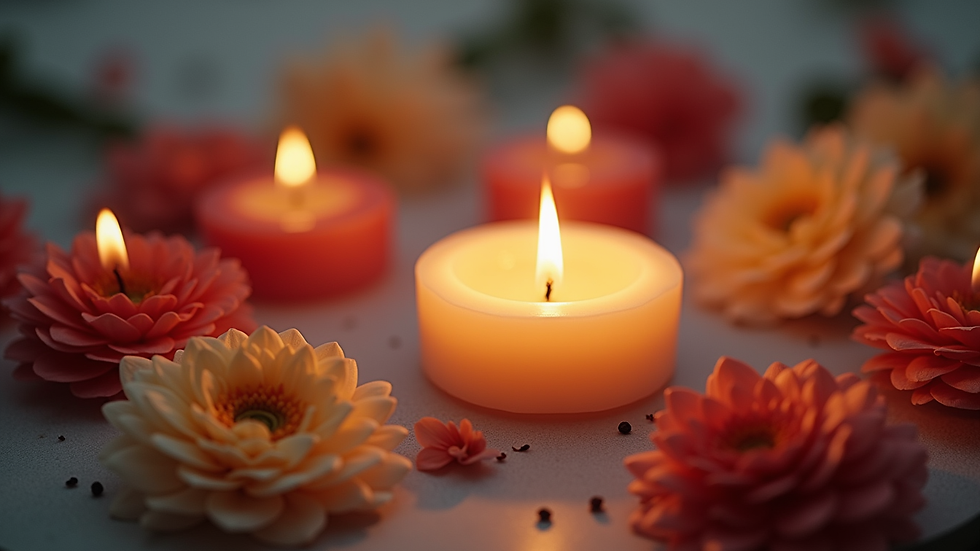 Close-up view of a candle surrounded by flowers