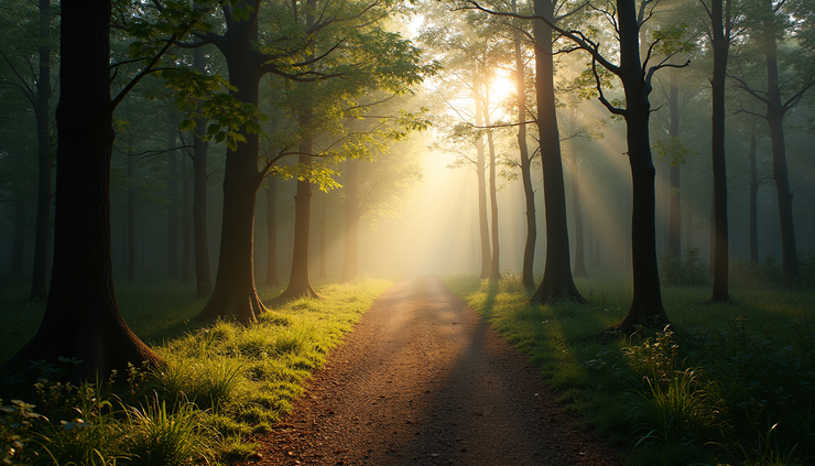 High angle view of a winding forest path bathed in soft morning light