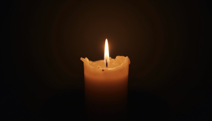 Close-up view of a single candle flickering in a dim room