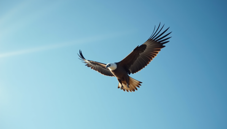 Close-up of a soaring eagle against a clear blue sky