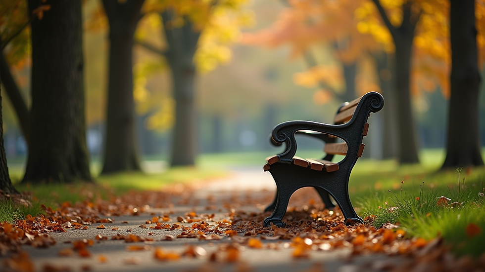 Eye-level view of a serene park bench surrounded by trees