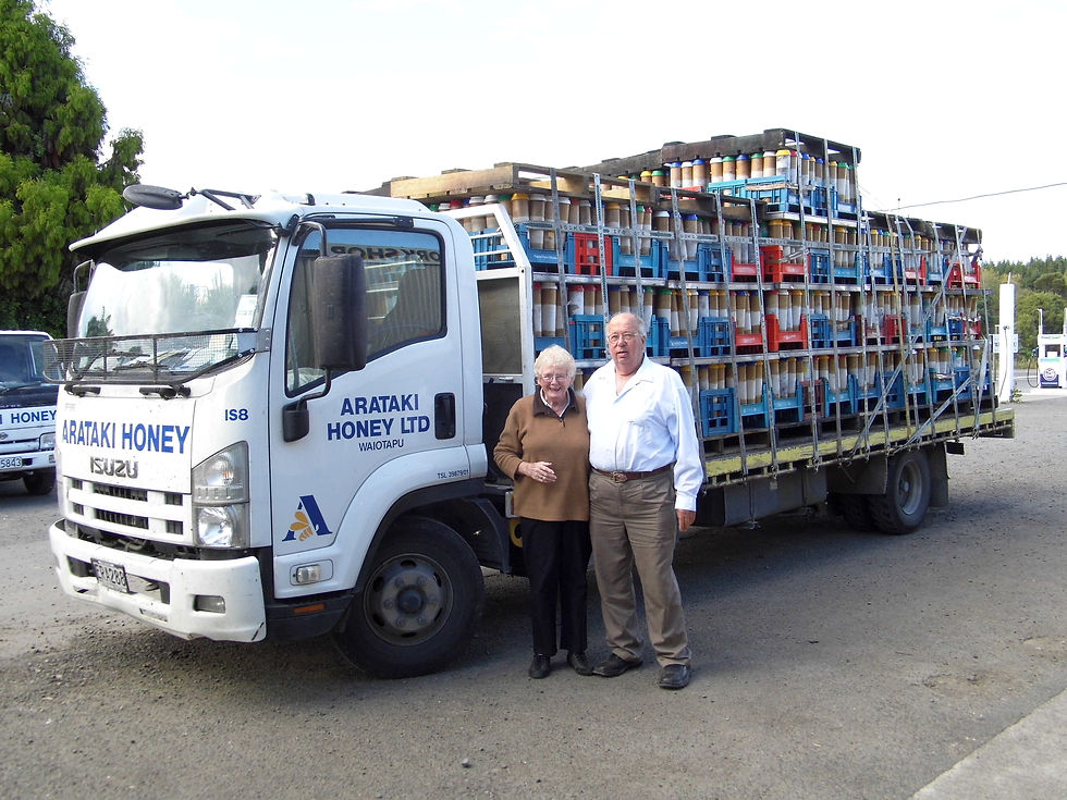 Annette and Russell Berry with a load of package bees which, along with propolis production and processing, helps form their Arataki Honey business’s diverse range of income streams. “It's good fun in our old age.” Russell Berry says of buying and collecting propolis. “We get to drive from all the way up to Kaitaia, right down to the south of the South Island, to Greenvale Waikaka (Gore). We get to visit a lot of beekeepers, have a chat, and even buy some honey.”