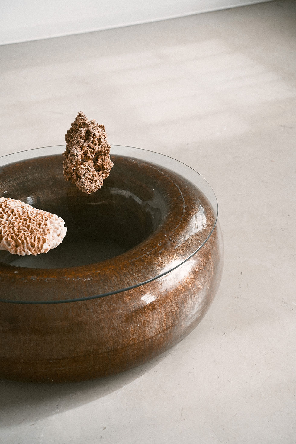 Thumbnail: Hand Turned Coated Steel Donut Coffee Table with Glass Top