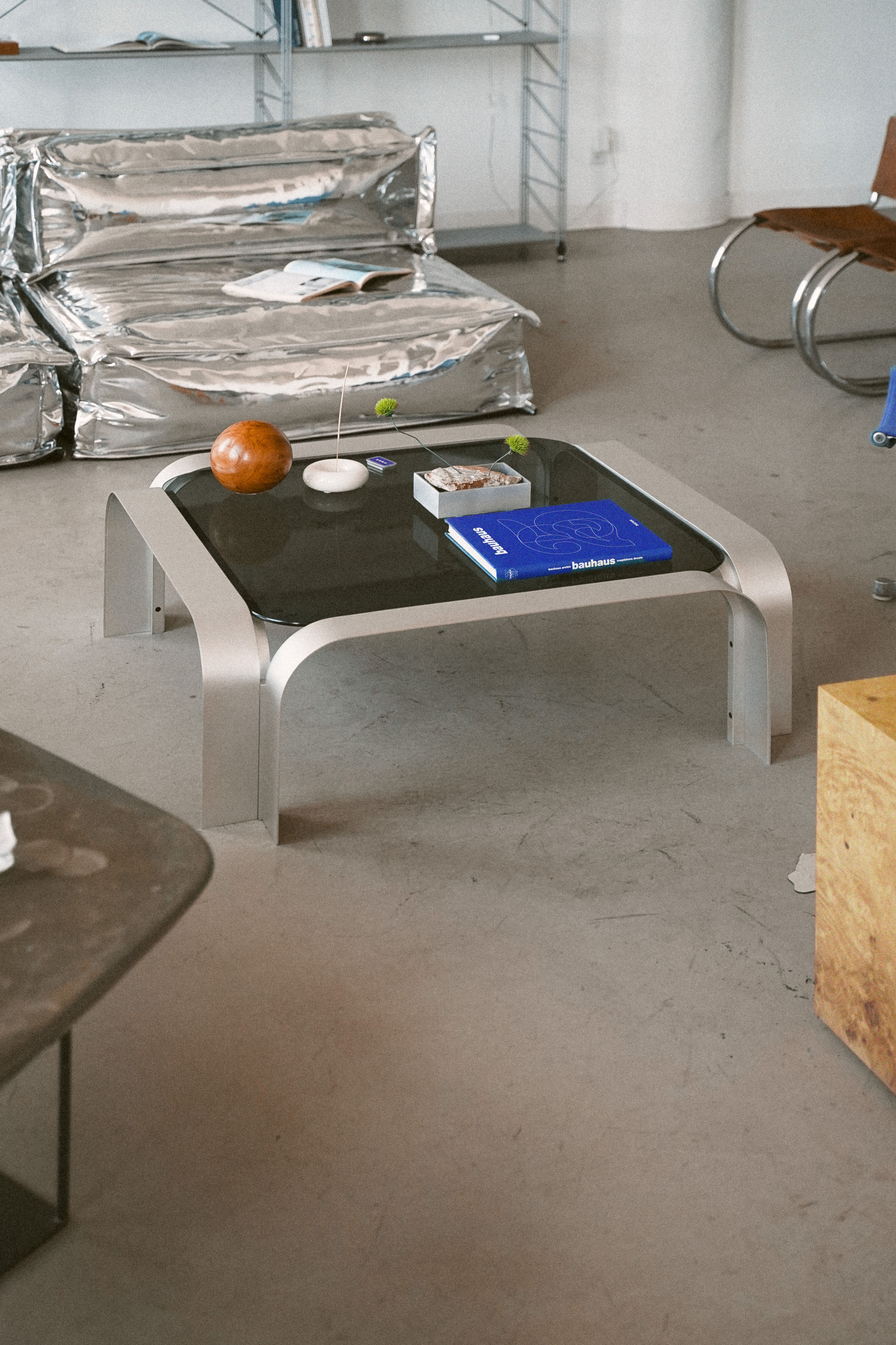 Sculptural Coffee Table in Anodized Aluminum and Smoked Glass