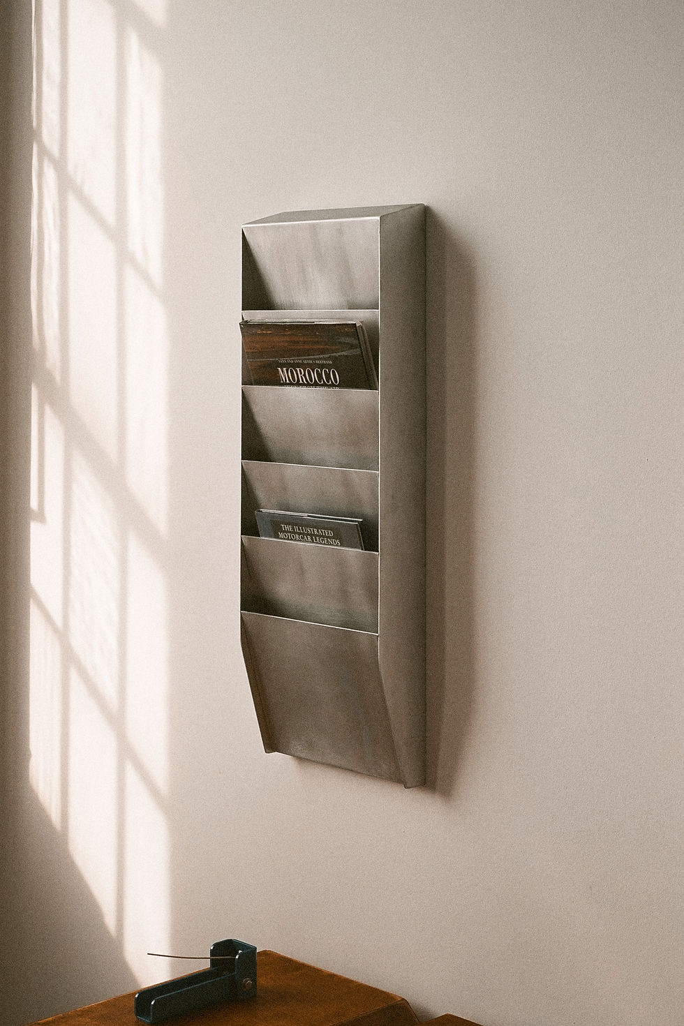 Thumbnail: Wall Mounted Magazine Rack in Rough Polished Aluminum