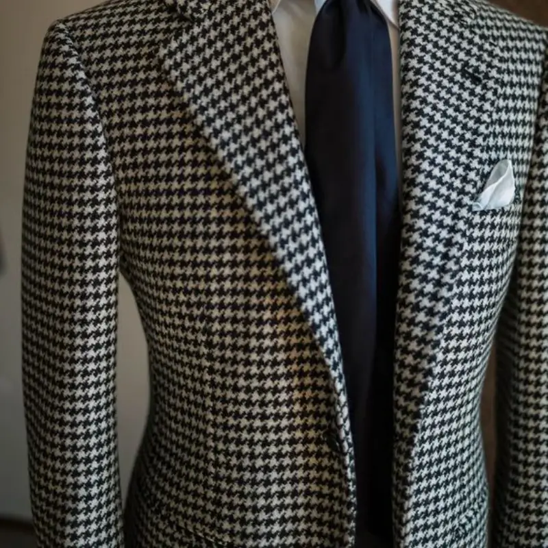 Thumbnail: Houndstooth Business Blazer for Men 2023 Plaid Notched Lapel Suit Jacket