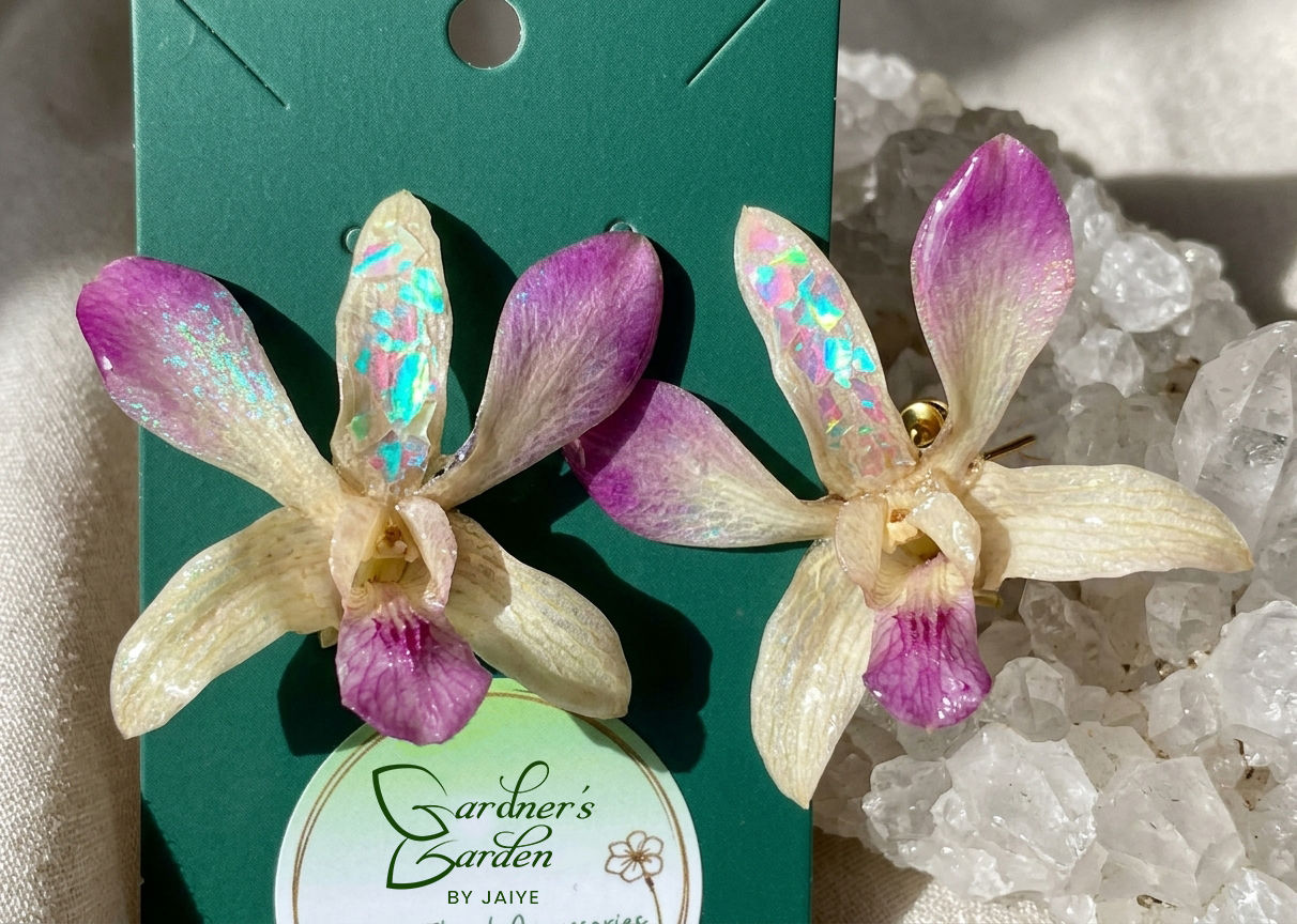 Fuchsia Kissed Orchid Stud Earrings w/ Holographic Accent