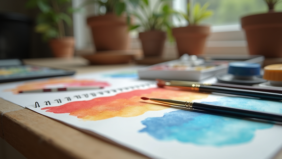 Close-up view of watercolor paints and brushes on a wooden table