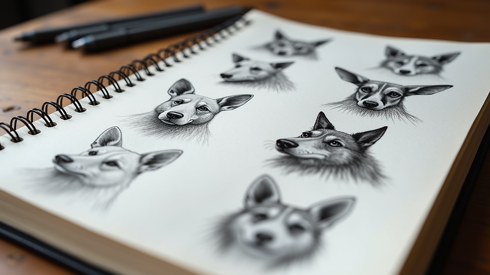 Eye-level view of a sketchbook with pencil drawings of animal portraits