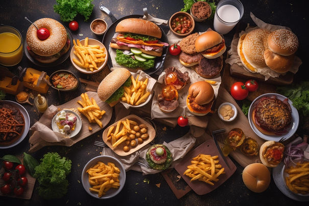 fast-food-concept-set-of-hamburgers-cheeseburgers-french-fries-vegetables-and-sauces-on-da