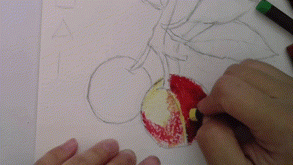 In this gif. a pencil outline of a peach is being colored in with red and yellow oil pastels.