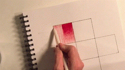 Gif of a person coloring in a square using different coloring techniques in red colored pencil.