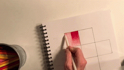 Gif of a person coloring in a square using different coloring techniques in red colored pencil.